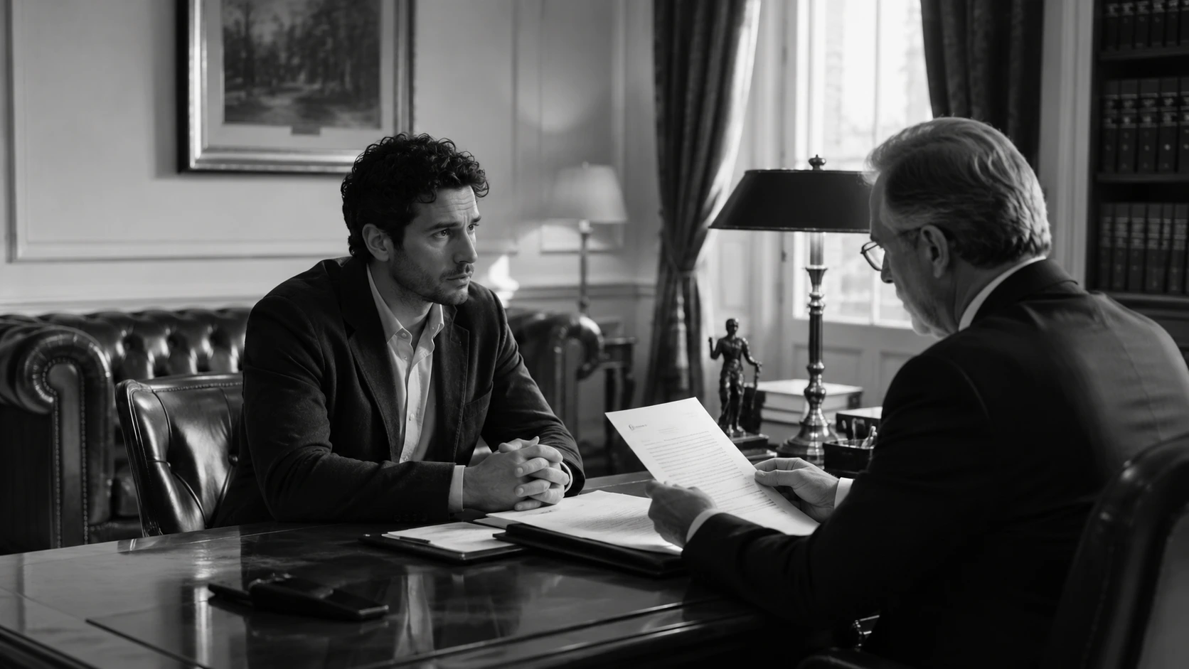 Black and white image of an employee and lawyer reviewing unfair dismissal compensation in Cyprus