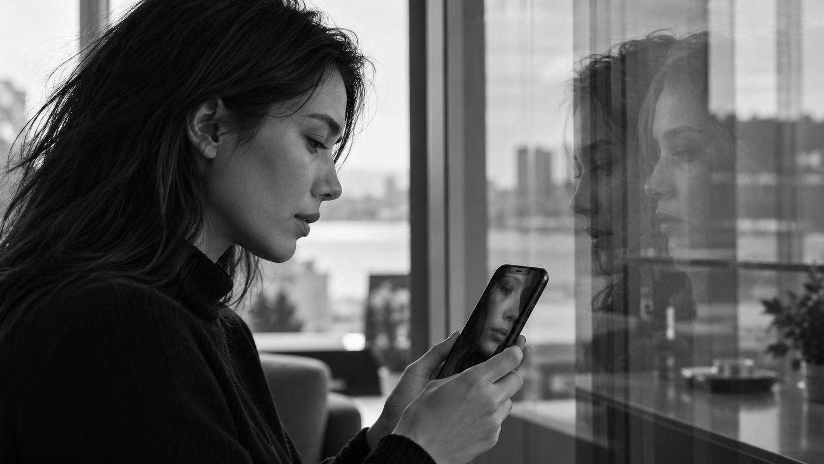 AI nude deepfakes in Cyprus illustrated by a realistic black-and-white editorial photograph of an adult reflected through a smartphone screen